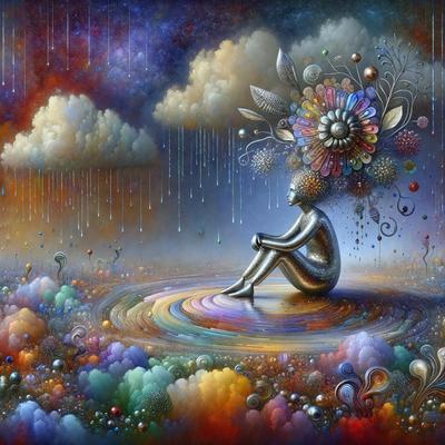 The primary subject of the image is a woman sitting on a chair, surrounded by a vibrant and colorful environment. The setting includes a rainbow, clouds, and a variety of colorful flowers. The visual style of the image is digital art, with the woman being depicted in a stylized manner. The colors and mood of the image are lively and cheerful, with the woman being the focal point of the scene.